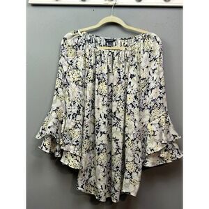 Chaps Blouse Womens Plus 2X Cream Yellow Floral Tiered Bell Sleeve Boho Garden